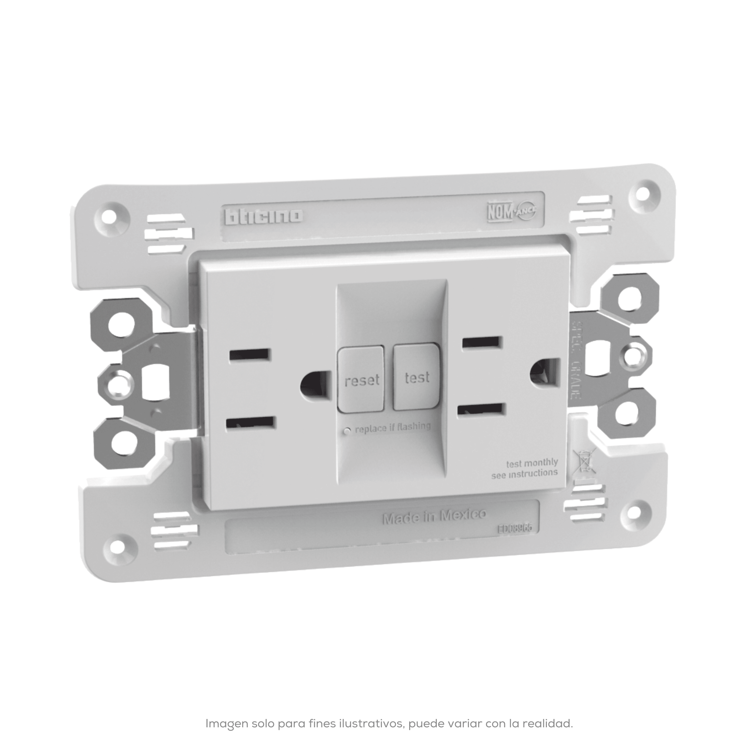 TOMACORRIENTE DUPLEX CON ICFT 15A 125V AUTOPROTEGIDA CON PROTECCION INFANTIL 3 MOD. BLANCO