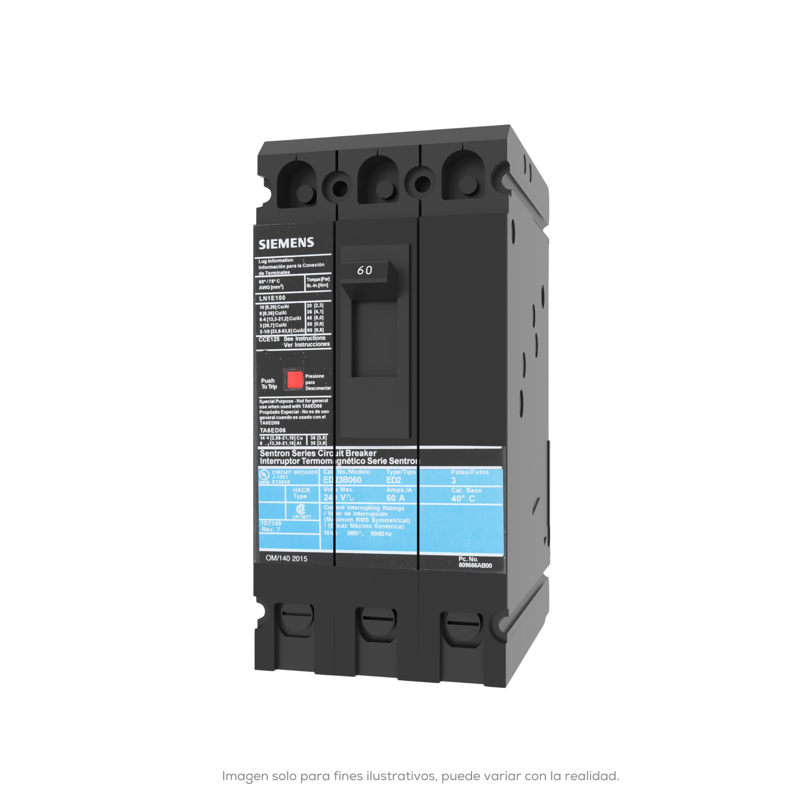 INTERRUPTOR TERMOMAGNETICO SENTRON ED4 70A 240 480VCA CON ZAPATAS
