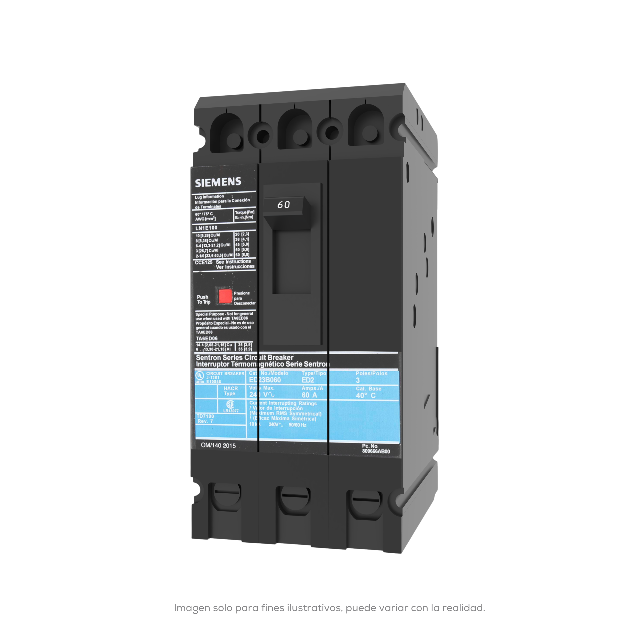 INTERRUPTOR TERMOMAGNETICO SENTRON ED6 100A 240 480 600VCA CON ZAPATAS