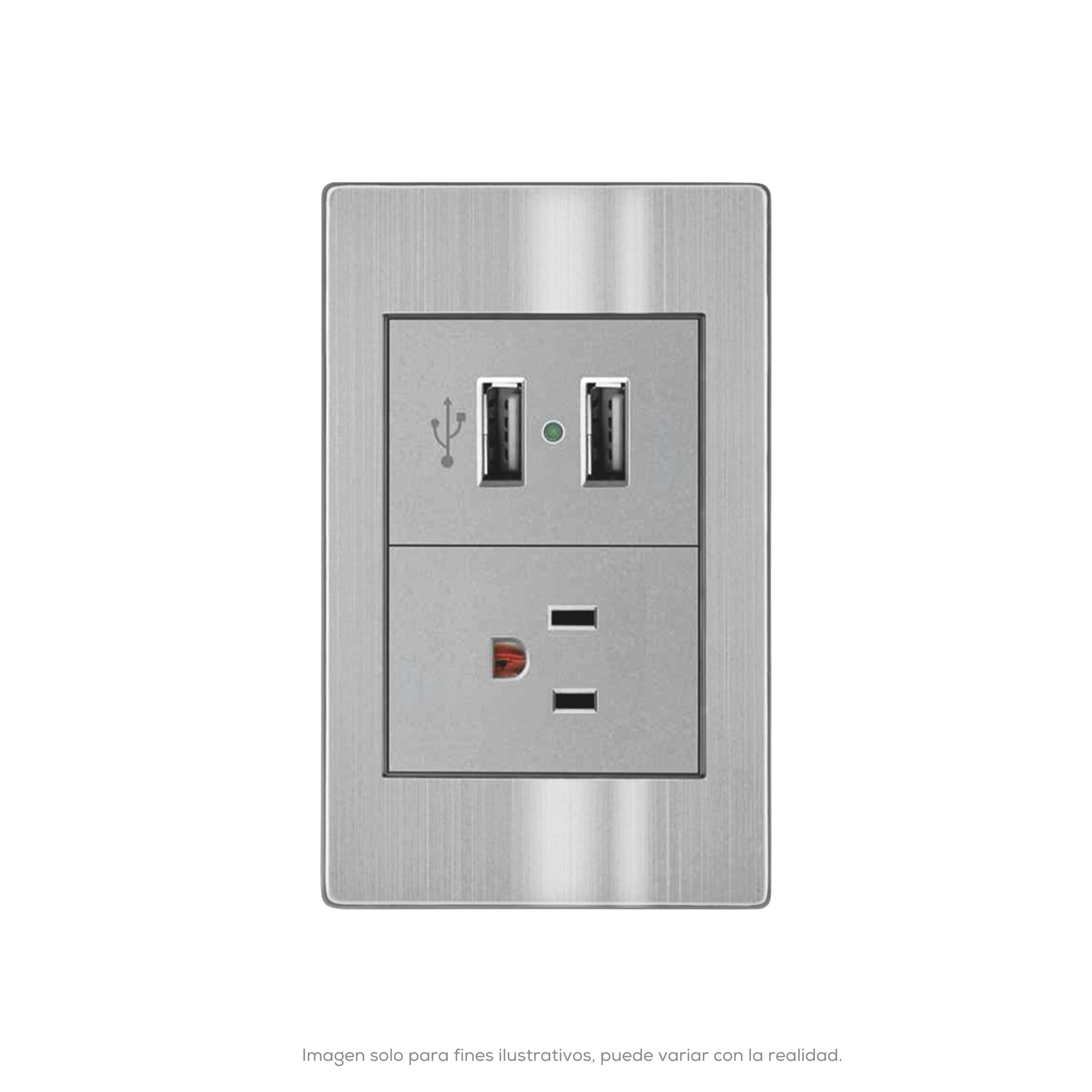 PLACA CONTACTO SENCILLO 100-260VCA Y CONVERTIDOR DE VOLTAJE DOBLE USB 5VCD 2.1A ACERO INOX GRIS 77X124MM