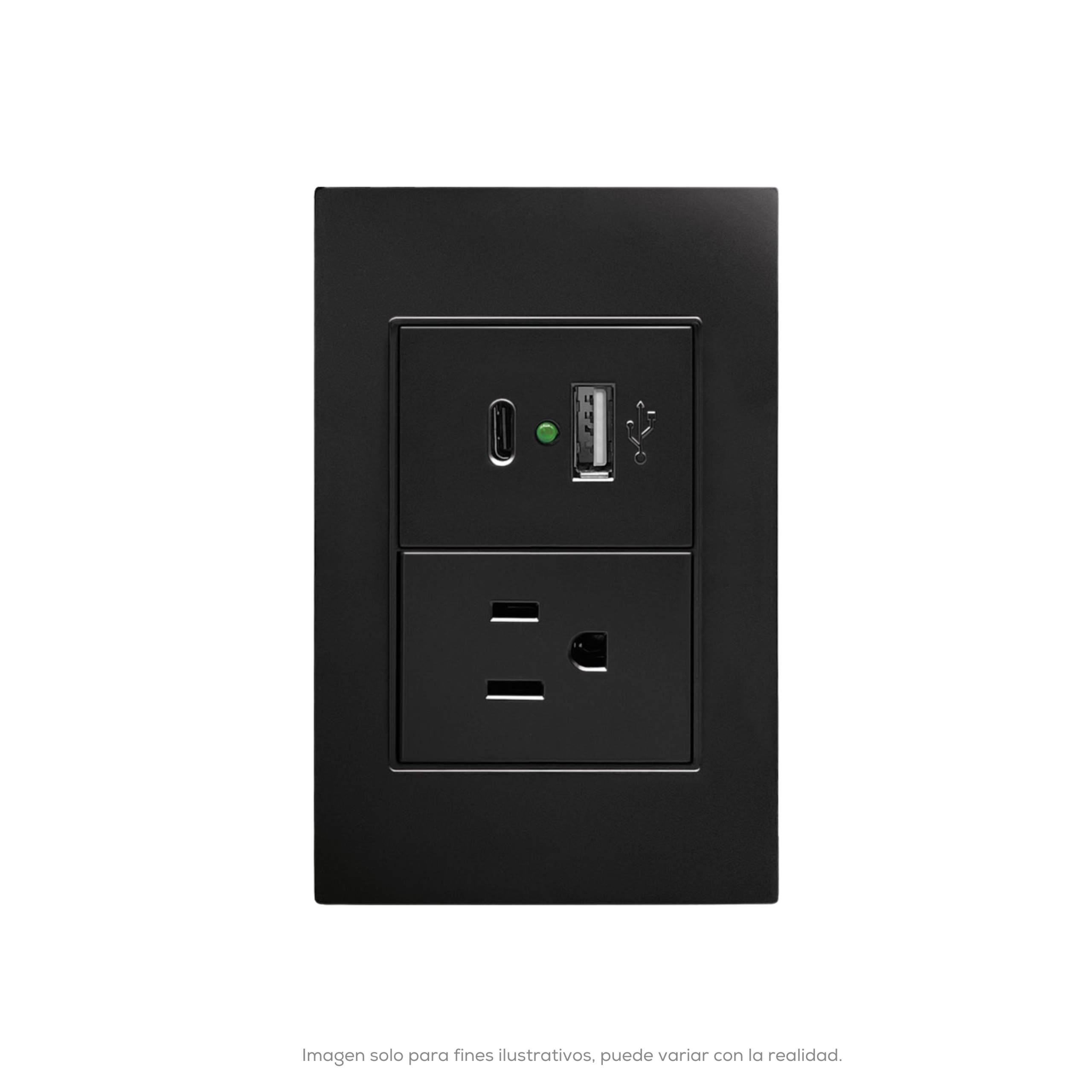 PLACA CONTACTO SENCILLO 90-277VCA Y CONVERTIDOR DE VOLTAJE DOBLE USB 5VCD 21A NEGRO MATE 77X124MM